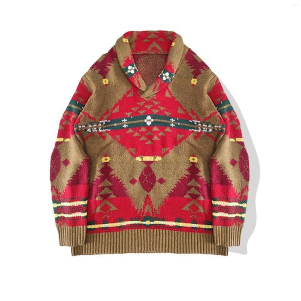 Suéteres para hombre, suéter de punto Jacquard a la moda para hombre, cárdigan rojo holgado de invierno 2023, abrigo de Navidad informal de calle alta para hombre