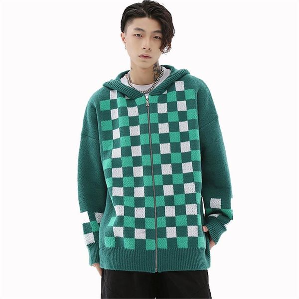 Pulls pour hommes Mode Plaid surdimensionné Hip Hop Cardigan Pull Pulls à capuche Motif crâne tricoté Tops Vêtements d'extérieur pour hommes