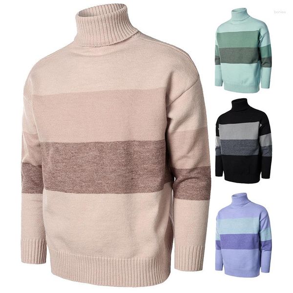 Suéteres para hombres Suéter de moda Suéter Cuello alto Suelto Rayas Invierno Ropa casual para hombre