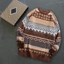 Sweaters para hombres Fashion Skin-touch acanalado Hombres de patrón de patrón de mosaico a rayas Jumper para jersey escolar