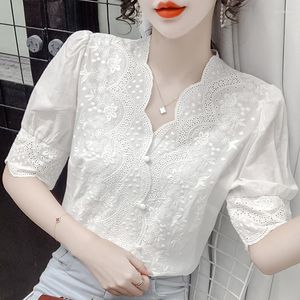 Heren Truien Mode Zomer Vrouw Wit Borduren Katoenen Blouse 2023 Stijlvolle Zoete Elegante Shirts Hollow Out Tops Korte Mouw Blusas