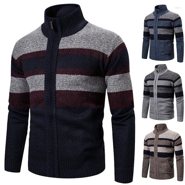 Pulls pour hommes Mode Pull Cardigan Automne / Hiver Feece épais Tricots Loisirs Zipper Slim Veste à manches longues Mâle Manteau rayé