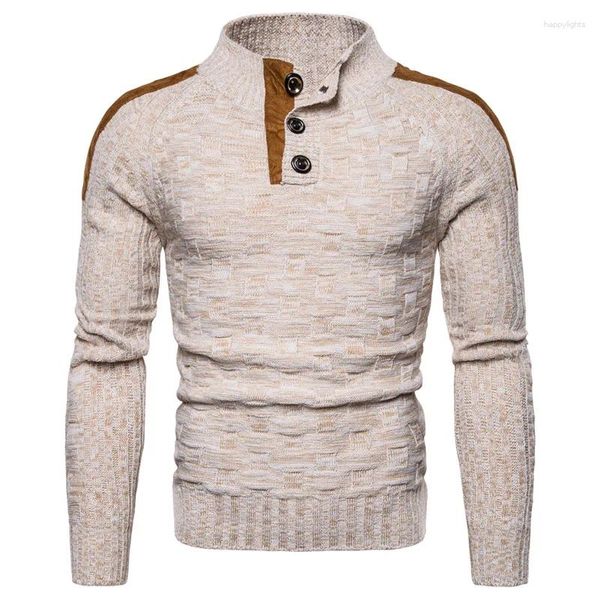 Suéteres para hombre, Jersey cálido de cuello alto a la moda con botones, jerséis de punto de gran tamaño, ropa informal para hombre de otoño