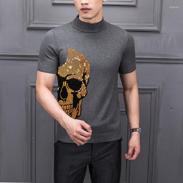 Pulls pour hommes en vedette Night Skull Slim Youth T-Shirt Casual Pull Corée Strass Tricot À Manches Courtes