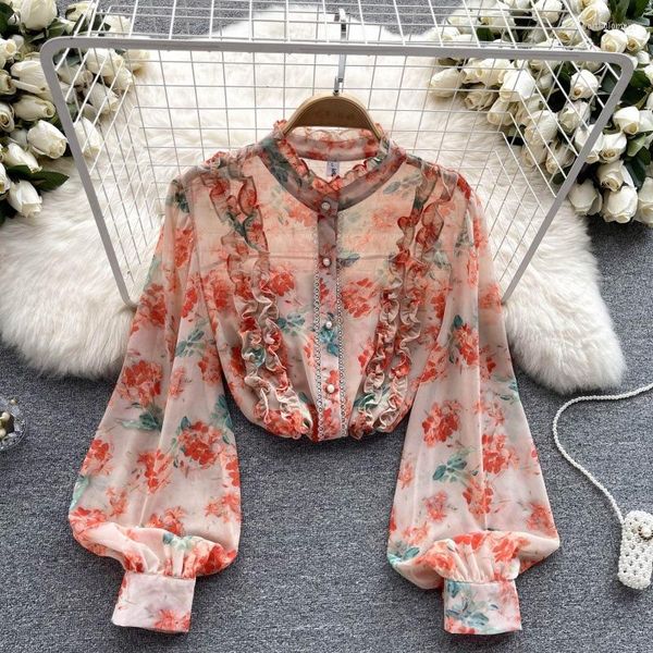 Pulls pour hommes Fleur Imprimé Floral Mousseline de Soie Vintage Col Polo Femme Chemisier Chemise Lanterne Manches Pull Lâche Blouses Tops Printemps