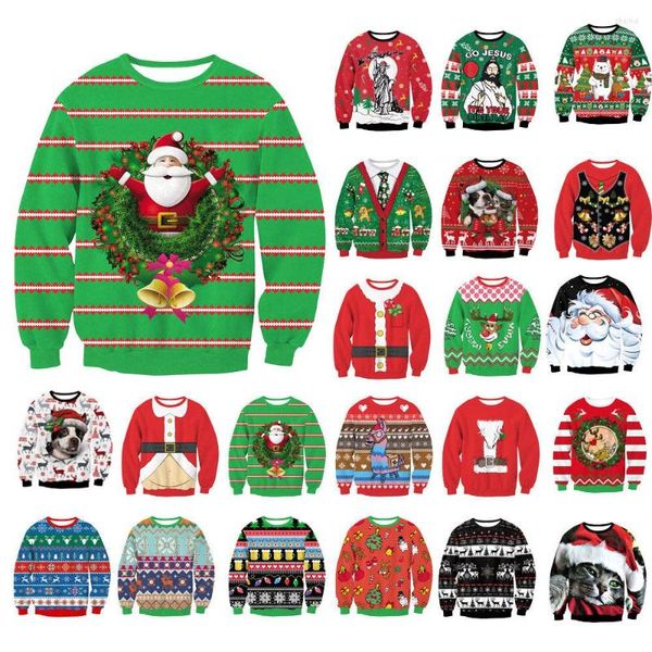 Suéteres para hombres Divertido Santa Bells Green Holiday Vestido Fiesta Hombres Mujeres Feo Navidad Suéter Otoño Invierno 2022 Parejas Cuello redondo Navidad