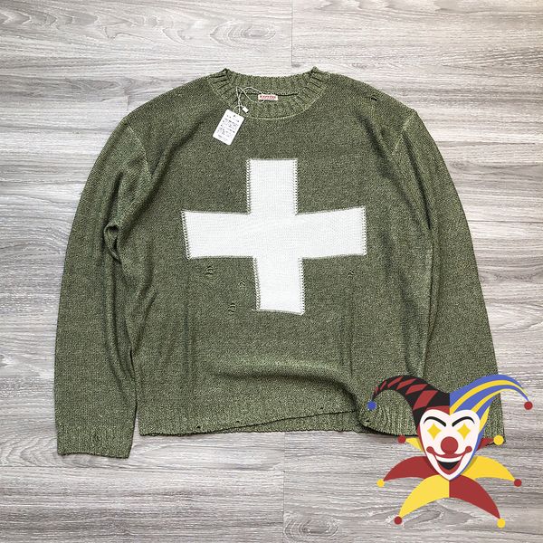 Pulls pour hommes Vert Kapital Pull Hommes Femmes Trou Cross Motif Tricot Vêtements Sweatshirts 230823