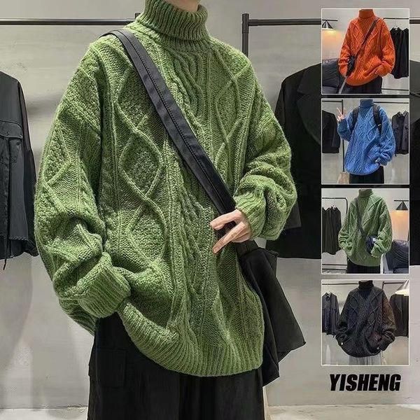 Hommes Pulls Vert Hommes Hiver Pull Col Roulé Streetwear Pêcheur Pull Câble Tricot Pull Surdimensionné Tendances 220916