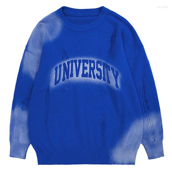 Suéteres para hombres Suéter rasgado con letras degradadas pintadas a mano Hombres Otoño Invierno Suelto Tie Dye Suéter desgastado Retro Jersey de punto Azul