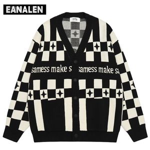 Herentruien Harajuku Zwarte bruine diamant geometrische oversized jumper Cardigan Sweater Sweater Vintage Y2K Opa Ugly gebreide trui dames 220926