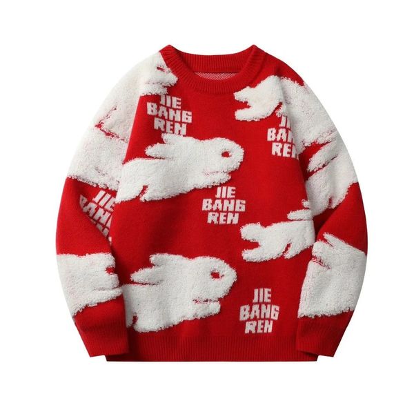 Suéteres para hombres Harajuku Pareja Suéter de conejo Chaqueta Suéter de punto suelto rojo Chaqueta Suéter de gran tamaño a rayas de moda Ropa para hombre Jersey 231030