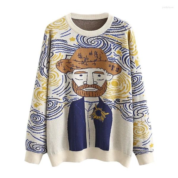 Pulls pour hommes Harajuku Pull tricoté Hommes Femmes Vintage Peinture à l'huile O Cou Pulls Causal College Style Jumper surdimensionné Streetwear