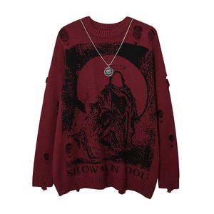 Men's Sweaters Harajuku Priest Salvation Printed Knitwears Unisex Streetwear Hip Hop Destroyed Hole Ripped Pullovers Sweater Oversized Men 230808