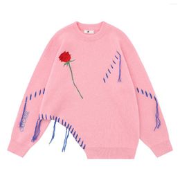 Suéteres para hombre, jerséis de punto con sutura bordada de rosas Harajuku, tejido de cuerda, prendas de punto cálidas recortadas relajadas de gran tamaño 2023