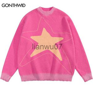 Pulls pour hommes Harajuku Star Sweater Y2K Hip Hop Tricoté Graphique Déchiré Pull Streetwear 2023 Mode Pull Lâche Rose Bleu Foncé J231117