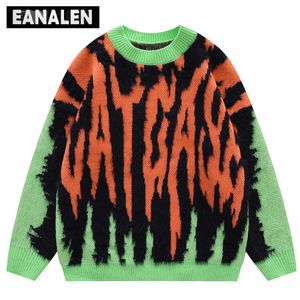 Hommes Pulls Harajuku Vintage Vert Orange Chandail Tricoté Rue Pull Surdimensionné Pull Épais Grand-Père Laid Femmes s 230711