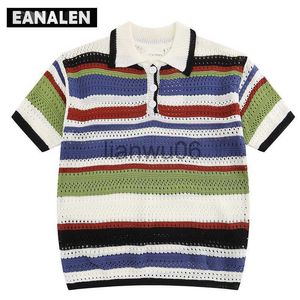 Herentruien Harajuku Vintage Hollow Rainbow Striped Rapel Sweater Dames Koreaanse straatkleding Oversized zwart -wit gebreide pullover J230806