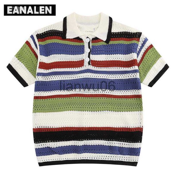 Suéteres masculinos Harajuku Vintage Hollow Rainbow Rainbow Sweater Corea Street Women Street Ropa de punto de gran tamaño en blanco y negro J230806