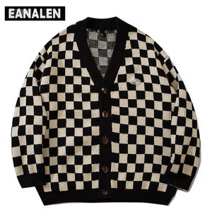 Herentruien Harajuku Vintage Plaid Cardigan Men Oversized Koreaanse kleding Jumper gebreide vest vrouwen opa Ugly Sweater Black Hip Hop 220926