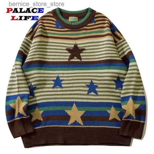 Suéteres para hombres Harajuku Vintage Suéter a rayas Hombres Estrella Flocado Suéteres de punto de gran tamaño Otoño Invierno Streetwear Pareja Jerseys Unisex Q231103