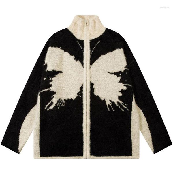 Suéteres para hombres Harajuku Cremallera Punto Cardigan Hombres Vintage Color Bloque Mariposa Suéter suelto Streetwear Unisex Hip Hop Diseño Jumpers