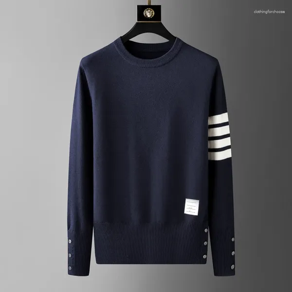 Pulls pour hommes Haut de gamme Marque Pull à col rond Automne et hiver 2024 Classique Quatre rayures Tendance Hem Split Coréen Casual Pull