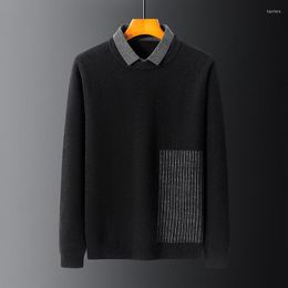 Hommes chandails haut de gamme marque pull rayé mâle couleur pure revers O cou pull coréen décontracté mode tricot chaud deux pièces ensemble 2023