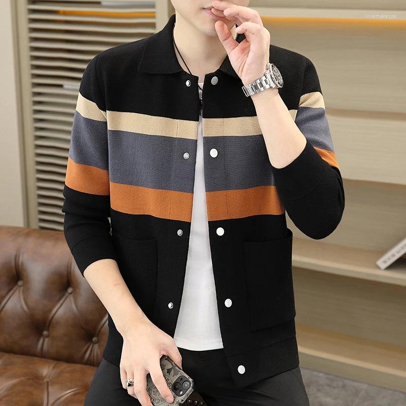 Men's Sweaters High-end Color Contrast Slim-fit Explosion Shawl Men Casual Social Lapel Large Pockets Sweater Jacket Brand Cardigan