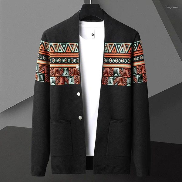 Suéteres para hombres de gama alta estilo étnico Retro cárdigan de punto otoño 2024 marca tendencia Jacquard chal Casual suéter versátil abrigo