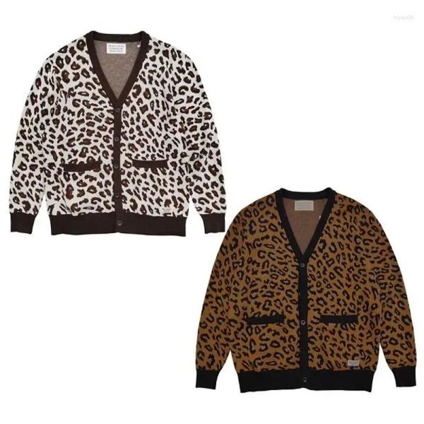 Suéteres para hombres Estampado de leopardo de alta calidad WACKO MARIA Botón Cardigan Suéter Hombres Mujeres de gran tamaño Tiger Jacquard