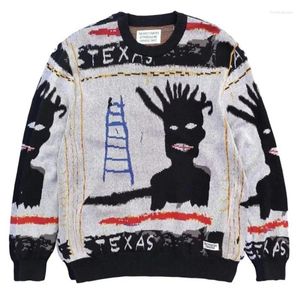 Pulls pour hommes de haute qualité O-Cou Graffiti Jacquard WACKO MARIA Pull en tricot Hommes Femmes Vêtements en tissu lourd