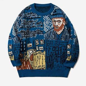 Pulls pour hommes High Street Pull tricoté Hommes Van Gogh Graffiti Imprimer Coton Harajuku Lâche Rembourré Pull Femmes Streetwear Automne 230222