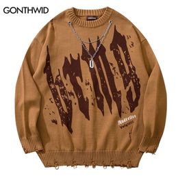 Suéteres para hombres Suéter de punto de hip hop Harajuku Graffiti Agujero rasgado con jerséis de cadena Suéter Otoño Suéter informal coreano Suéteres 220831