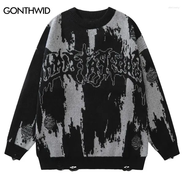 Suéteres para hombres Hip Hop rasgado Grunge Y2K Vintage tejido Punk gótico Streetwear Jumpers hombres mujeres Harajuku moda Jersey