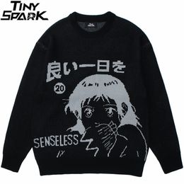 Maglioni da uomo Hip Hop Streetwear lavorato a maglia Kanji giapponese Anime Stampa Pullover Uomo Autunno Harajuku Cotone Casual Nero 220930