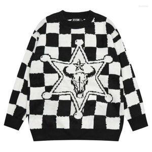 Suéteres de hombre Hip Hop Vintage suéter para hombre de punto Star Gun Plaid Jumpers 2023 pareja Y2K otoño Harajuku Casual Streetwear pulóver