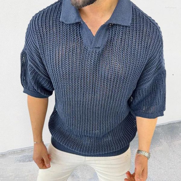 Les pulls masculins creux pull en tricot à col de polo pour 2023 Été à manches courtes en tricot à manches