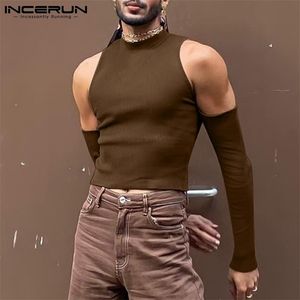 Truien voor heren INCERUN Mannen T-shirt Effen Kleur Coltrui Lange mouw Off-shoulder Casual Camisetas Hollow Out Streetwear Sexy Crop Tops 220930