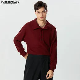 Suéteres para hombres INCERUN Tops 2024 Estilo americano Moda Solapa Sólido Punto Pit Stripe Jersey Casual Recortado Suéter de manga larga S-5XL