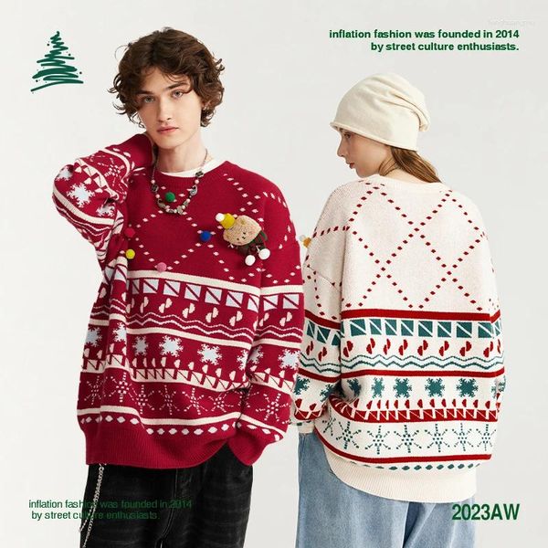 Suéteres para hombres Inflación Rojo Navidad Unisex Moda Oso divertido Parcheado Punto Patrón de nieve Jumpers