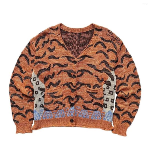 Pulls pour hommes Japon Kapital Vintage Casual Tigre Léopard Imprimé Manches Longues Lâche Col En V Et Cardigan Tricoté Pour Femmes