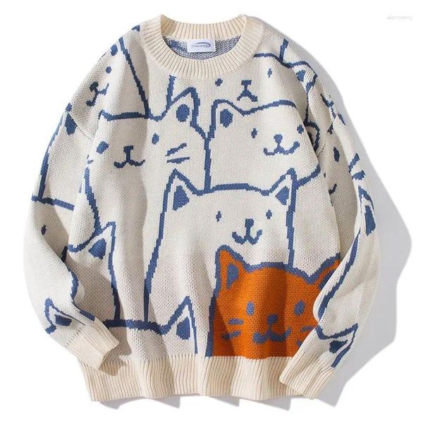 Pulls pour hommes japonais harajuku kawaii dessin animé chat tricot pull masculin femmes vintage automne surdimension