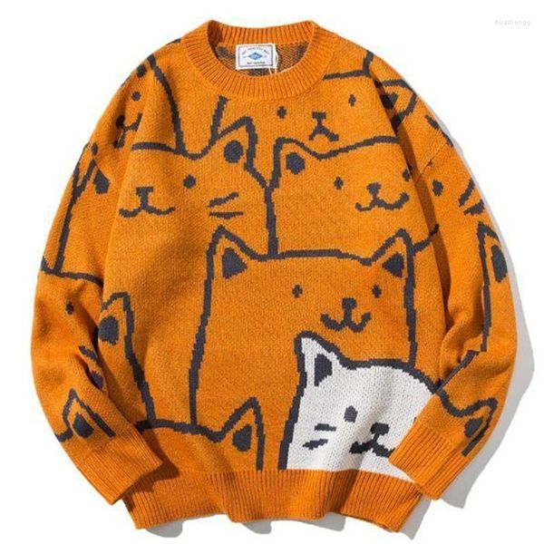 Pulls pour hommes japonais Harajuku Vintage pull hommes 2023 automne dessin animé chat lâche impression tricoté Hip Hop Strtwear tricots pulls