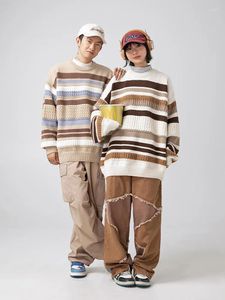 Pulls pour hommes Pull japonais à col rond pour hommes en automne et en hiver 2024 rayé contrastant patchwork couple tendance lâche tricot sweate
