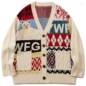 Herentruien Japanse stijl beren borduurwerk cardian trui voor mannen winter cartoon ip op losse dames gebreide jassen vintae cardians cardians