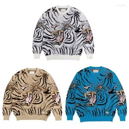 Pulls pour hommes Style japonais Wacko Maria Pull Full Tiger Imprimer surdimensionné Top Qualité Blanc Kaki Bleu Sweat-shirts tricotés pour hommes femmes
