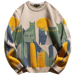Herentruien Jepang Harajuku Rajutan Sweter Pria Wanita Kartun Kucing Penuh Cetak Pullover Antik Kausal Longgar Sweater Streetwear Musim Gugur 2022 G221010