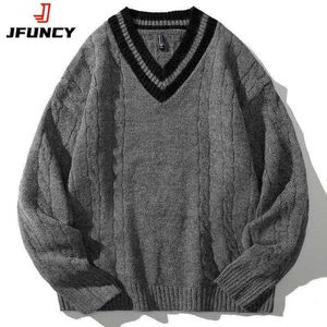 Pankys pour hommes Jfuncy Mens Winter Knitted Trinhed Mens Mens Black Mot à motif en V Jumper Mens Retro Retro Striped Knited Mens Clothingl2405