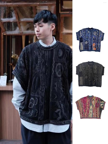 Pulls pour hommes Kapital Vintage Anti-War Hirata Kazuhiro Rétro Ethnique Tricot Pull Pull Lâche Gilet À Manches Courtes