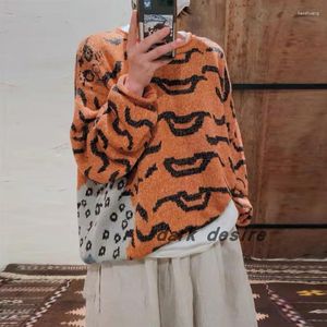Pulls pour hommes Kapital Vintage Hirata et Hiroshi léopard tigre imprimé pull femmes ample col rond Orange pull à tricoter